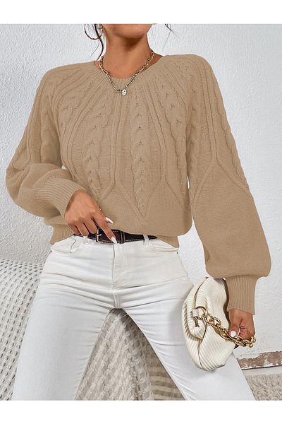AQE FASHION Braided Crew Neck Italian Sleeve Knitwear Stone Sweater