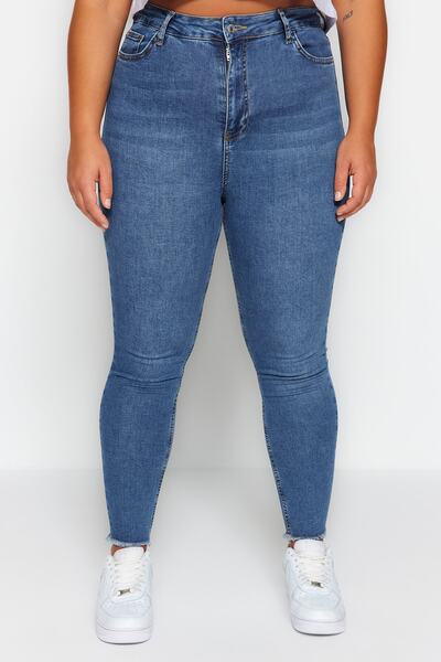 Trendyol Curve Modré elastické úzké džíny s vyvýšeným pasem a kapsou TBBSS23CJ00018