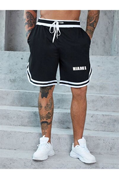 ORLONTEX Erkek Siyah Miami Baskılı Oversize Şeritli Şort