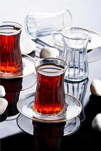 ACAR Gülfem 6 Kişilik Gold Yaldız Kesme Cam Çay Takımı 11872