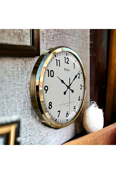 Bahat Gold Metal Çerçeveli Salon Ofis Otel Duvar Saati 52 Cm A2