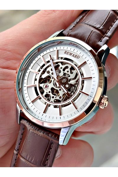 Reward Brown Classic Automatic Leather Band Business Men's Wristwatch + Bracelet Gift