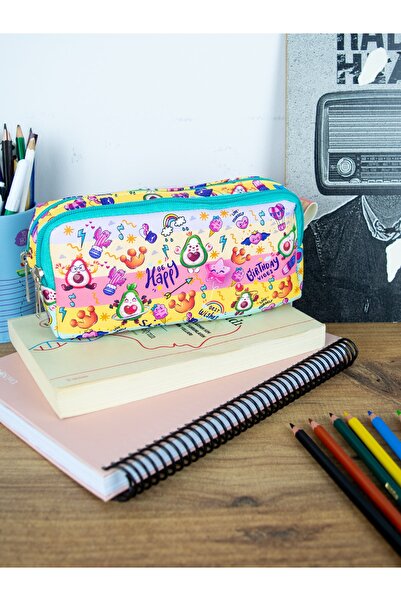 OneSize Husă pentru creion Avocado Cute din piele vegană cu două compartimente (suport pentru stilou cu două compartimente)