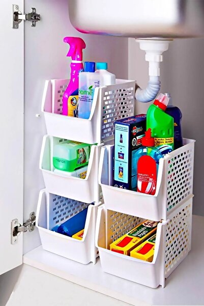 Trouvaille 2 Adet Kat Kat Beyaz Çok Amaçlı Dolap Organizeri Üst Üste Eklenebilir Mutfak Banyo Düzenleyici Rafı