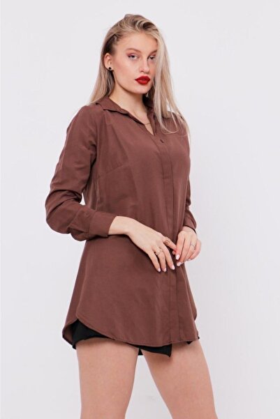 MİSS M.A.T FASHİON Boyfriend Klasik Gizli Pat Kahverengi Kadın Gömlek
