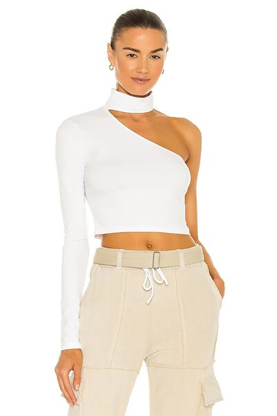 By Kul Design Women's White Jersey Asymmetrical Cut Single Sleeve Crop Top