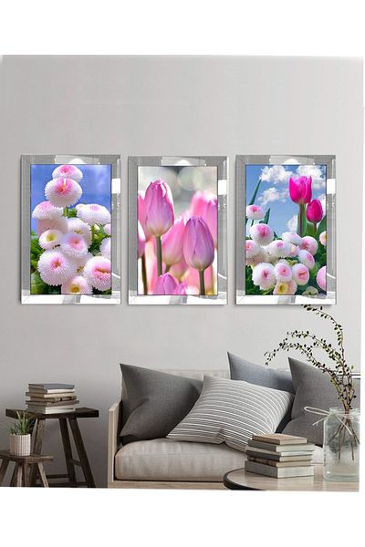 avm19 Pictură lalele roz cu cadru modern din plexiglas 3 buc
