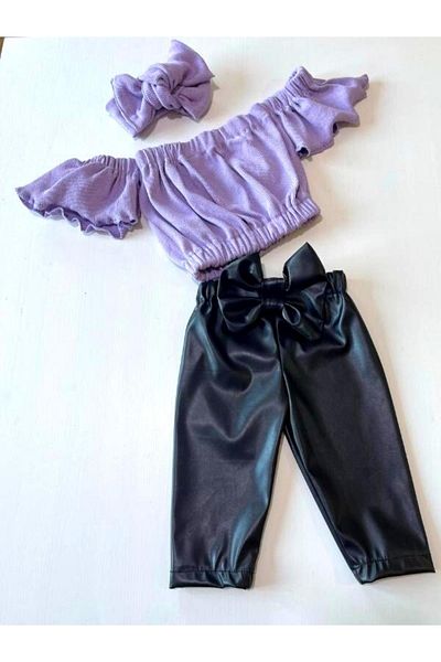 özge başaran Girl's, Lycra Leather Bow Detailed Trousers, Lilac Strapless Crop Blouse and Headband Set.