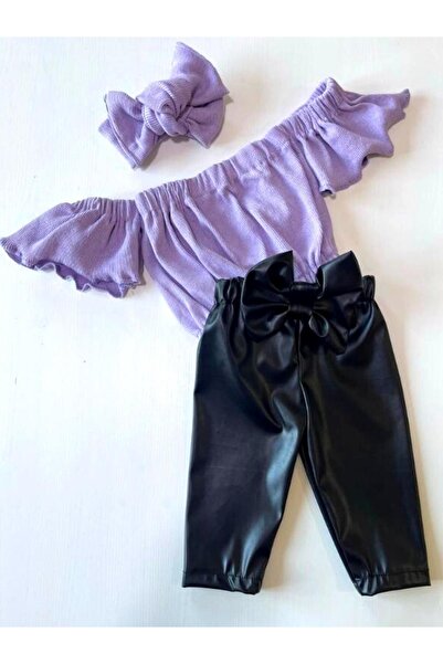 özge başaran Kız Çocuk, Likralı Deri Fiyonk Detaylı Pantolon, Lila Straplez Crop Bluz Ve Saç Bandı Takımı.