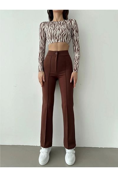Casa Bohemia Studio Women's Ribbed Stitched Tightening High Waist Flared Trousers