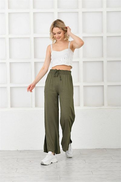 diaves original designs Women's Summer Belmando Fabric Elastic Waist Belt Detail Side Slit Khaki Palazzo Trousers
