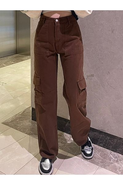 Gofeel Y2k Brown Cargo Wide Leg Front Pocket Detailed Unisex Trousers