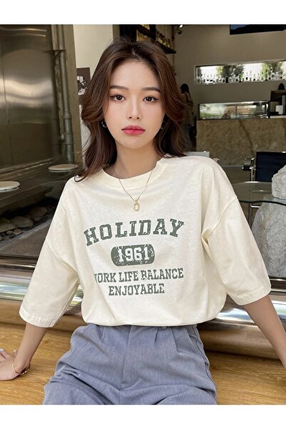 MOONBULL Oversize Holiday 1961 Printed Beige T-shirt