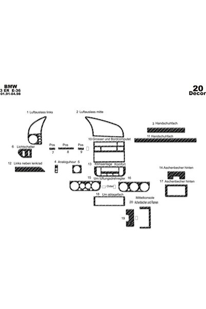 meriç cockpit design ميريتش ®   بي ام دبليو 3 E36 توربيدو أمامي مطلي أسود لامع 20 قطعة 1991-1998