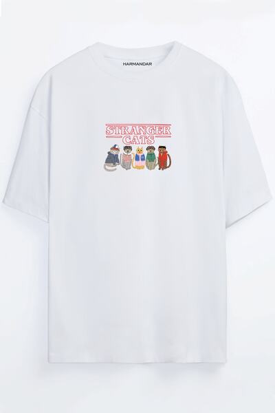 Harmandar Μπλουζάκι Stranger Cats Printed Unisex Μαύρο - Λευκό - πορτοκαλί - ...