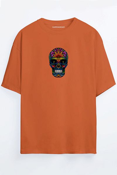 Harmandar Tricou supradimensionat unisex portocaliu cu imprimeu cu craniu colorat