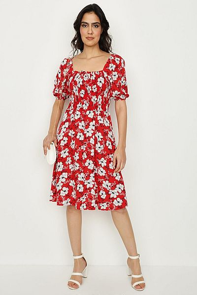 Select Moda Rochie roșie cu mâneci cu bule, cu gât pătrat, cu flori