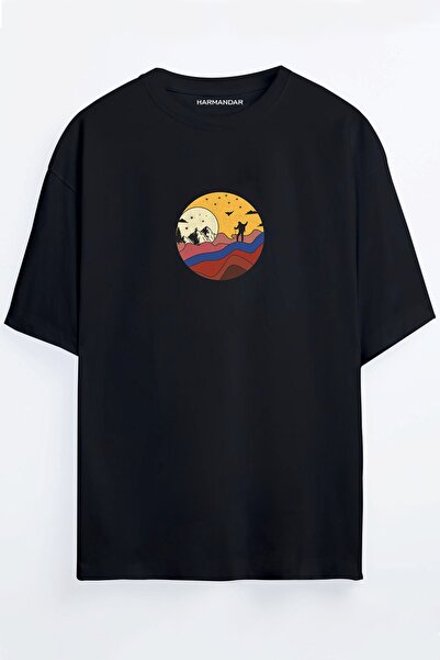 Harmandar Col Adam Printed Unisex Negru - Alb - Portocaliu - Bej Tricou Oversize