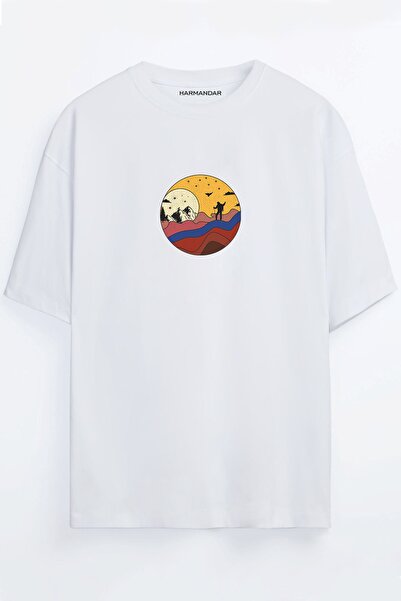 Harmandar Col Adam Printed Unisex Negru - Portocaliu - Bej Tricou Oversize