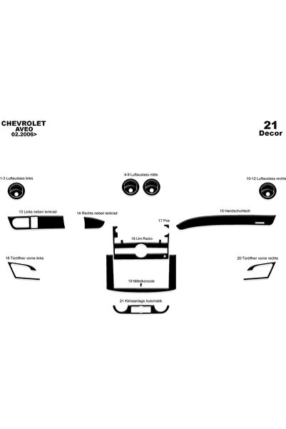 meriç cockpit design ميريتش ®   شيفروليه افيو توربيدو امامي مطلي اسود لامع 21 قطعة 2006-2011