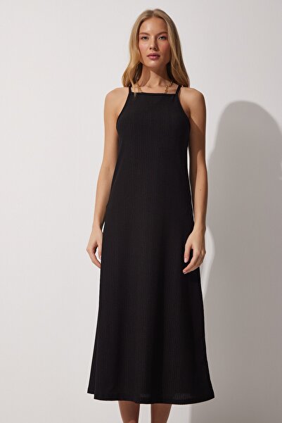 Happiness İstanbul Schwarzes langes Sommerstrickkleid mit Trägern für Damen DZ00078