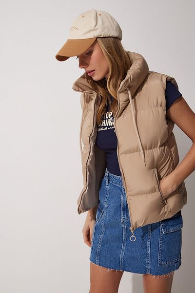 Happiness İstanbul Beige Pufferweste mit Rollkragen und Reißverschluss für Damen CI00075