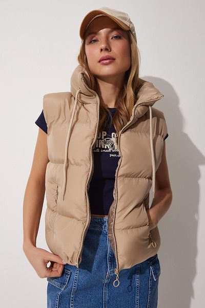 Happiness İstanbul Beige Pufferweste mit Rollkragen und Reißverschluss für Damen CI00075