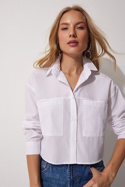 Happiness İstanbul Női fehér zsebes túlméretezett Crop Poplin ing WD00031