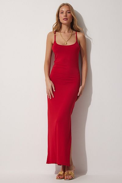 Happiness İstanbul Langes Sommerstrickkleid aus Saran mit roten Trägern für Damen UB00027