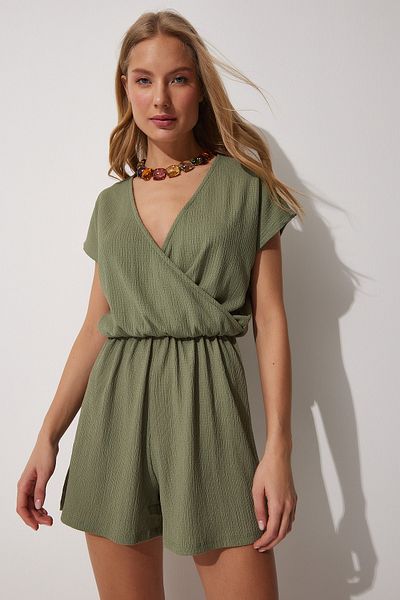 Happiness İstanbul Women's Khaki Wraped Collar Short Knitted Jumpsuit with Shorts UB00019