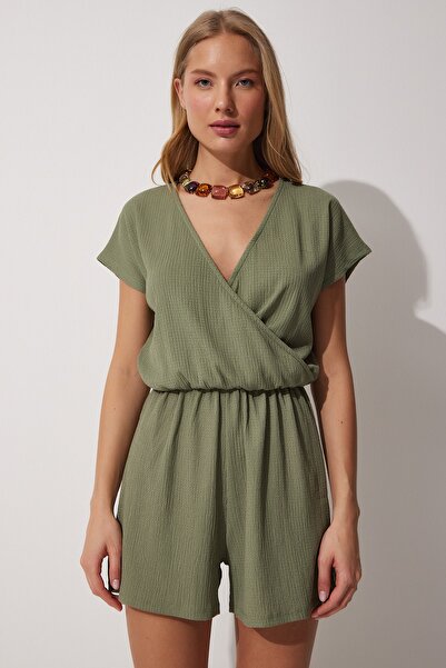 Happiness İstanbul Dámská khaki zavinutá pletená kombinéza s límečkem a šortkami UB00019