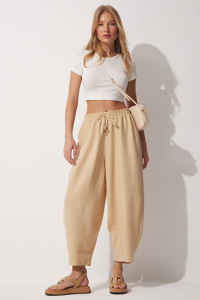 Happiness İstanbul Leuchtende cremefarbene Shalwar-Hose aus Leinen und Viskose für Damen CV00001