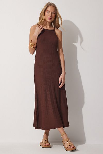 Happiness İstanbul Braunes Sommer-Langstrickkleid mit Trägern für Damen DZ00078