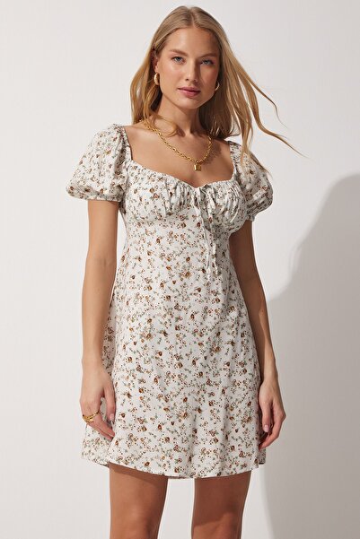 Happiness İstanbul Dámské Ecru hnědé květinové letní mini viskózové šaty UB00020
