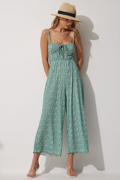 Happiness İstanbul Grüner, geblümter Sommer-Strickoverall für Damen mit Trägern UB00037