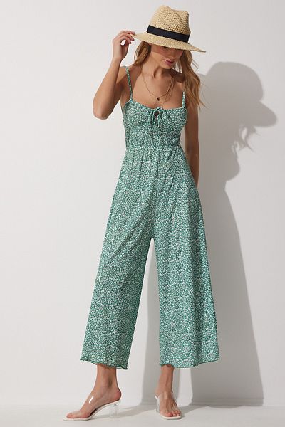 Happiness İstanbul Grüner, geblümter Sommer-Strickoverall für Damen mit Trägern UB00037