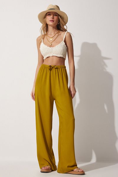 Happiness İstanbul Women's Oil Green Palazzo Viscose Trousers BH00322