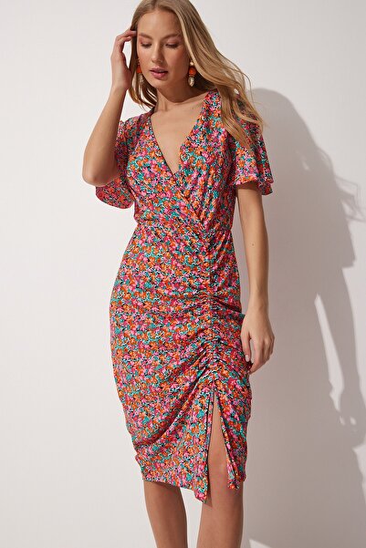 Happiness İstanbul Kadın Pembe Çiçekli Anvelop Yaka Yazlik Elbise MC00162