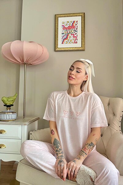 Pijamaevi Salmon Three Heart Printed Knitted Short Sleeve Women's Pajama Set