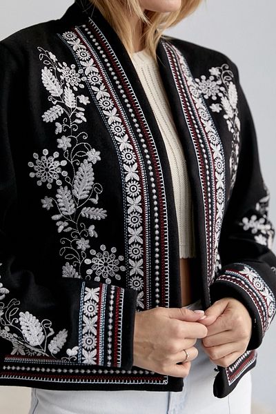 FEMELLE Jachetă neagră boemă cu broderie completă pentru femei
