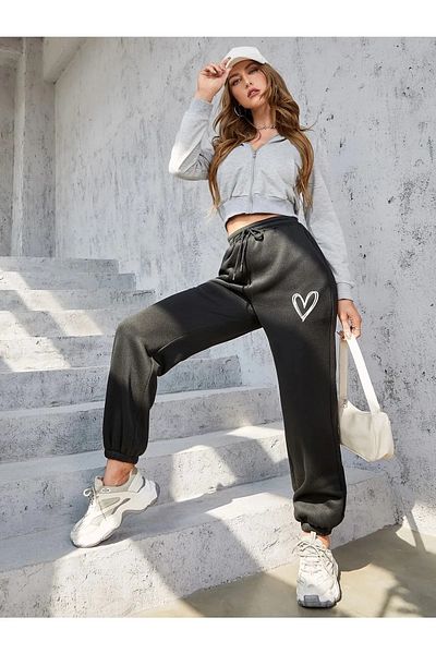 MODARİCH Heart Jogger Sweatpants - Μαύρο, εμπριμέ, λαστιχένιο πόδι, αναστολή, ψηλόμεσο
