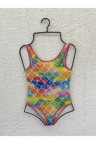 Rs Ramuni Girl's Swimsuit Rainbow Mermaid Patterned Digital Printed Sea Pool Swimsuit