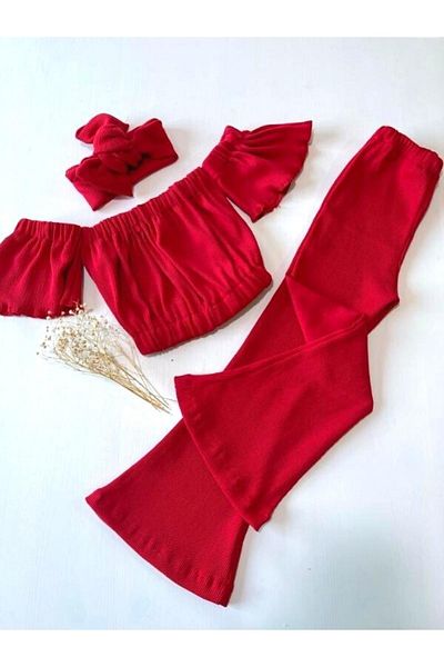 özge başaran Girl's Red Flare Leg Tights, Red Strapless Crop Blouse and Headband Set.