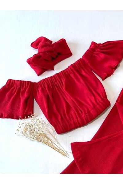 özge başaran Girl's Red Flare Leg Tights, Red Strapless Crop Blouse and Headband Set.