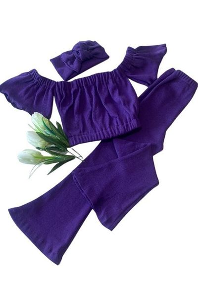 özge başaran Girl's Purple Flare Leg Tights, Purple Strapless Crop Blouse and Headband Set.