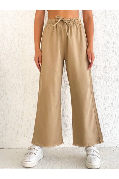 DENİKK Μπεζ Palazzo Thin Summer Φούντες Παντελόνι Gabardine