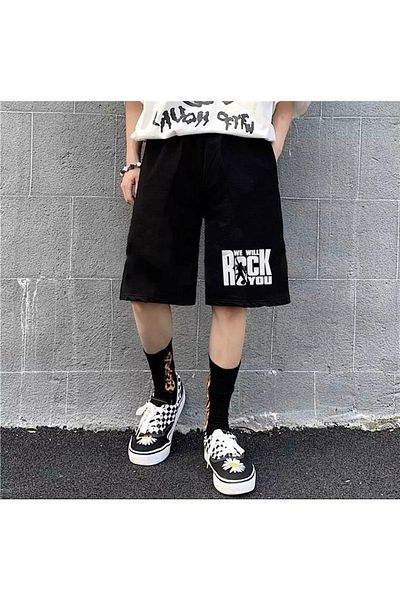 Touz We Will Rock You Printed Black Unisex Combed Cotton Shorts