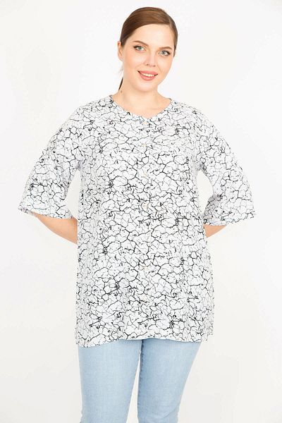 Şans Women's Bone Large Size Woven Viscose Fabric Front Buttoned Short Sleeve Blouse 65n35879