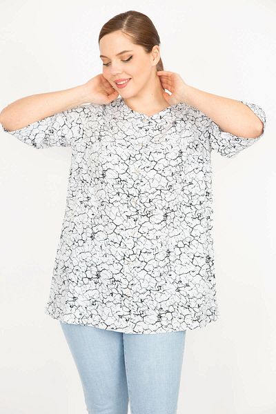 Şans Women's Bone Large Size Woven Viscose Fabric Front Buttoned Short Sleeve Blouse 65n35879