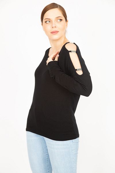 Şans Women's Black Plus Size Shoulder Low-cut Blouse 65n35862
